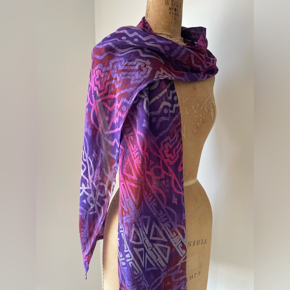 Indonesian batik print Chico’s scarf, purple pink pumpkin batik scarf